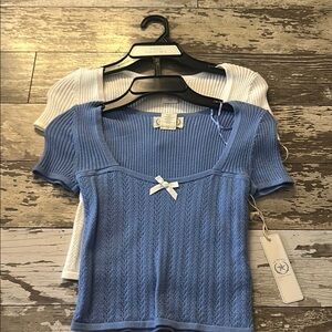 Blue and White Ribbed Knit Tops